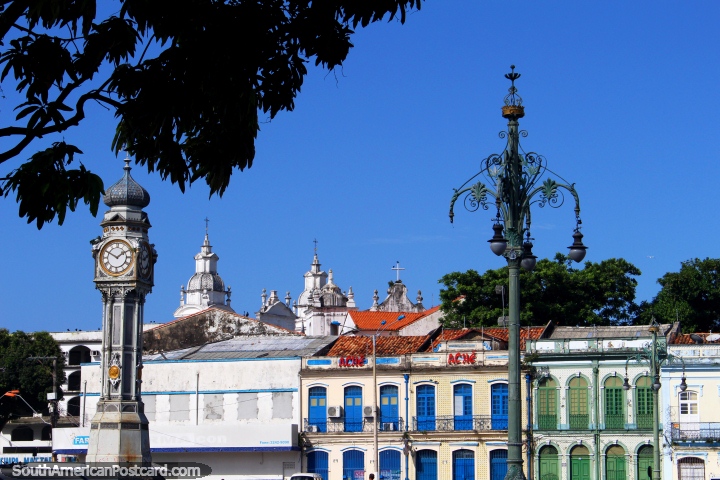 Iron-cast clock, white cathedral and old facades in Belem. (720x480px). Brazil, South America.