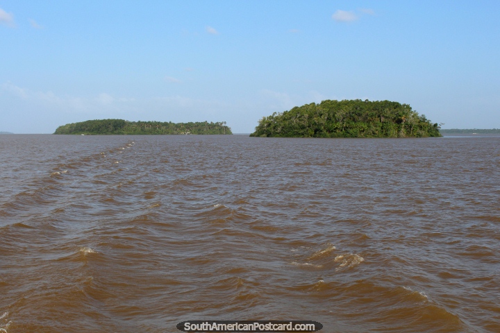 Um par de ilhas de pão doce de hambúrguer no meio do rio no Amazônia, ao oeste de Belém. (720x480px). Brasil, América do Sul.