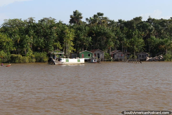 Um grupo de pequenas casas de madeira e um barco do lado de fora no Amazônia, ao oeste de Belém. (720x480px). Brasil, América do Sul.