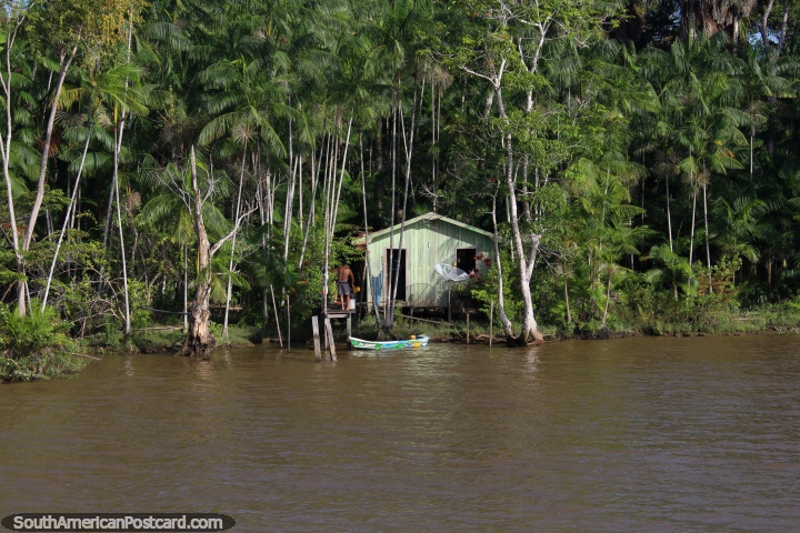 A man pours water outside his Amazon house, canoe in front, west of Belem. (720x480px). Brazil, South America.