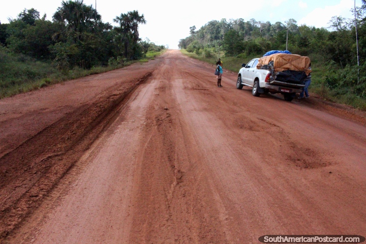 5hrs into the journey from Macapa to Oiapoque the road becomes unsealed. (720x480px). Brazil, South America.