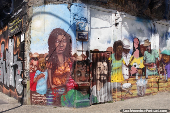 Mural de uma multidão de pessoas em Lapa, por Alex Andrepuga, Cris Rodrigues e Jerry Batista, Rio de Janeiro. (720x480px). Brasil, América do Sul.
