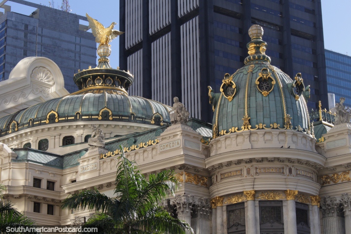 Gold decorations and bronze colored domes of the Municipal Theatre in Rio de Janeiro. (720x480px). Brazil, South America.