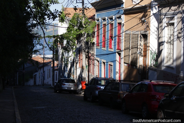 Houses in nice light on a cobblestone street on Santa Teresa hill in Rio de Janeiro. (720x480px). Brazil, South America.