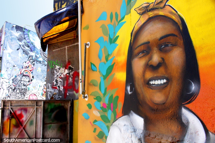 O mural de uma mulher bonita na entrada em Beco faz o Bagageiro em Vila Madalena, São Paulo. (720x480px). Brasil, América do Sul.