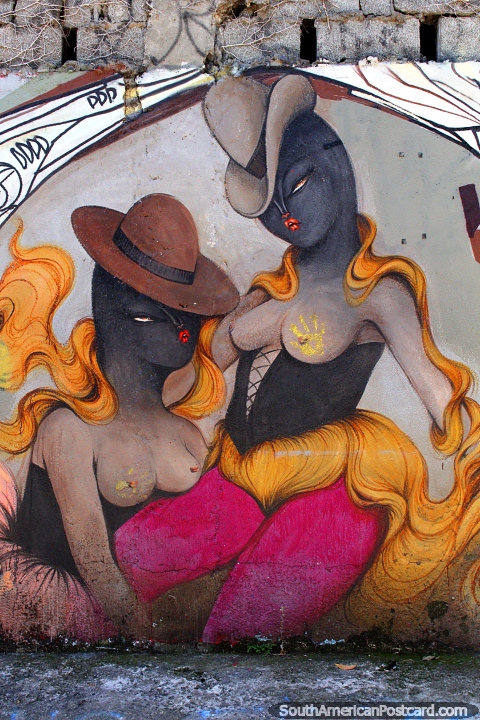 Topless dancers with hats, a beautiful mural at Beco do Batman in Sao Paulo. (480x720px). Brazil, South America.