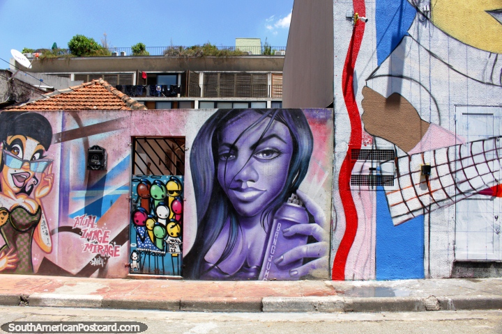 Purple woman with a spray can, the colorful alley known as Beco do Batman, Vila Madalena, Sao Paulo. (720x480px). Brazil, South America.