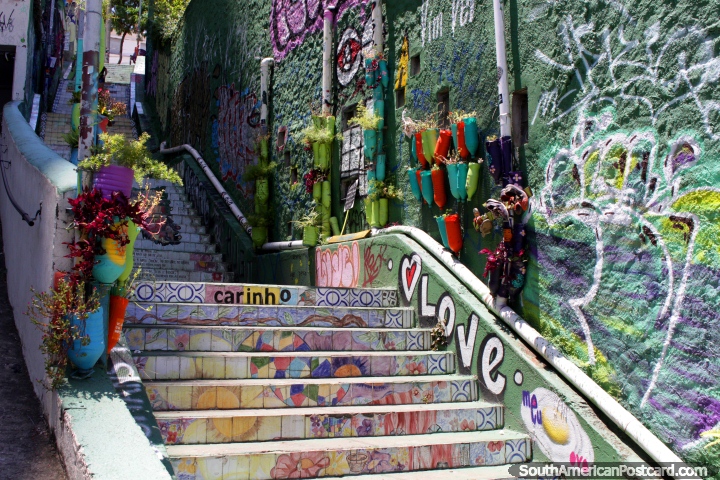 Nicely decorated stairways and alleyways in the Vila Madalena neighborhood in Sao Paulo. (720x480px). Brazil, South America.