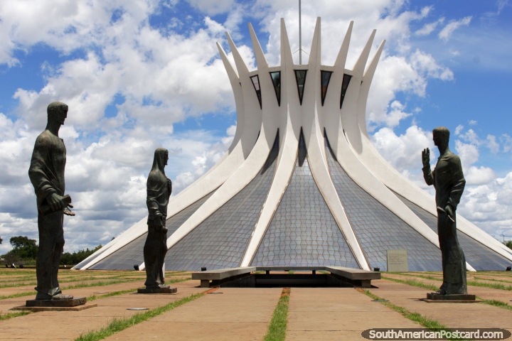 Metropolitan Cathedral in Brasilia, star-shaped dome and statues outside. (720x480px). Brazil, South America.