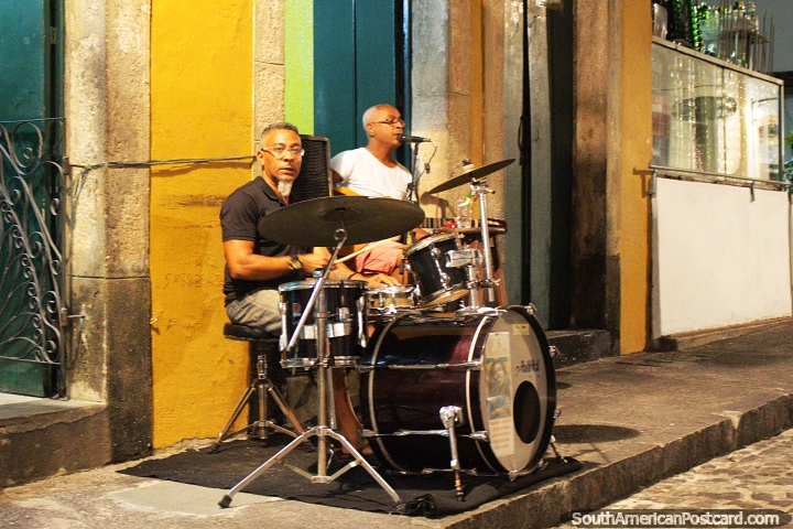 Drums, guitar and vocals, live music on the streets of Salvador. (720x480px). Brazil, South America.