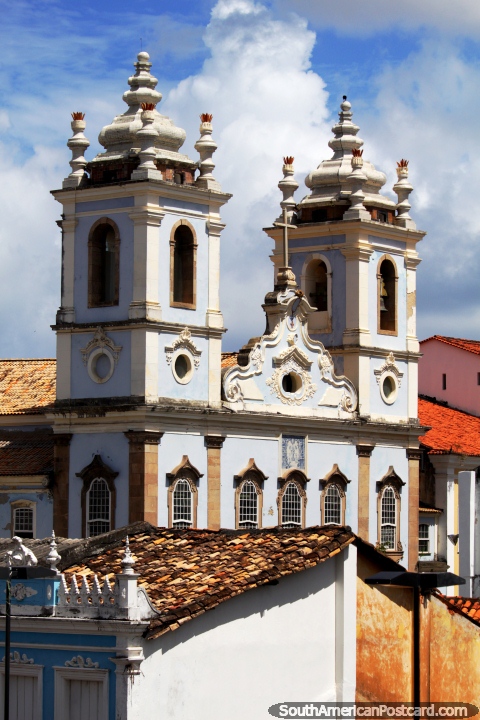 Historic church with blue towers in Pelourinho, Salvador. (480x720px). Brazil, South America.