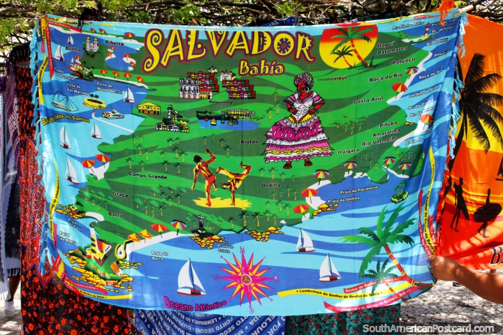 Toalha de praia que representa a cultura e rea de Salvador da Bahia. (720x480px). Brasil, Amrica do Sul.