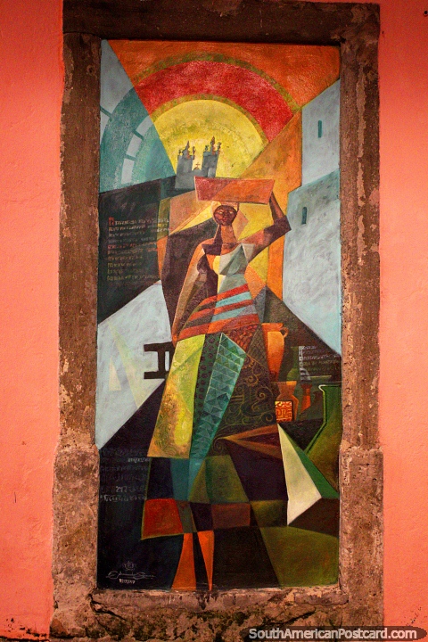 Painting of a woman with a multi-patterned dress, African culture in Salvador. (480x720px). Brazil, South America.