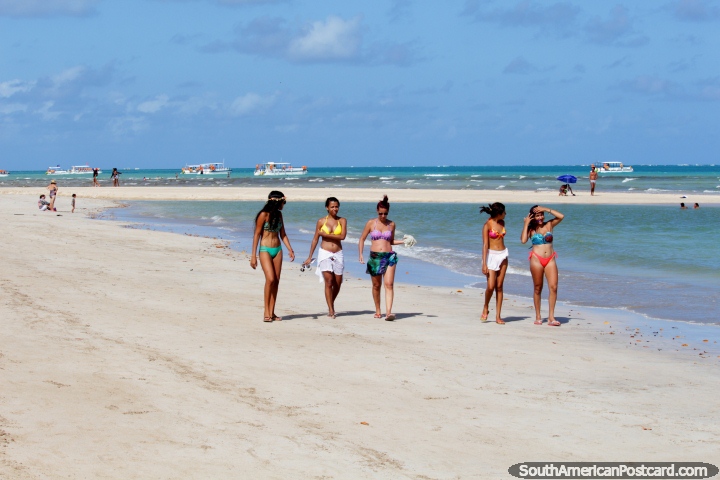 5 mujeres jóvenes que caminan a lo largo de las arenas blancas en la playa de Maragogi en la costa del norte. (720x480px). Brasil, Sudamerica.