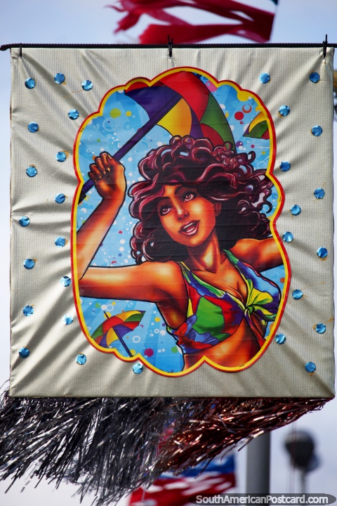 Mujer con una paragua de colores, decoracin de carnaval en Maragogi. (480x720px). Brasil, Sudamerica.