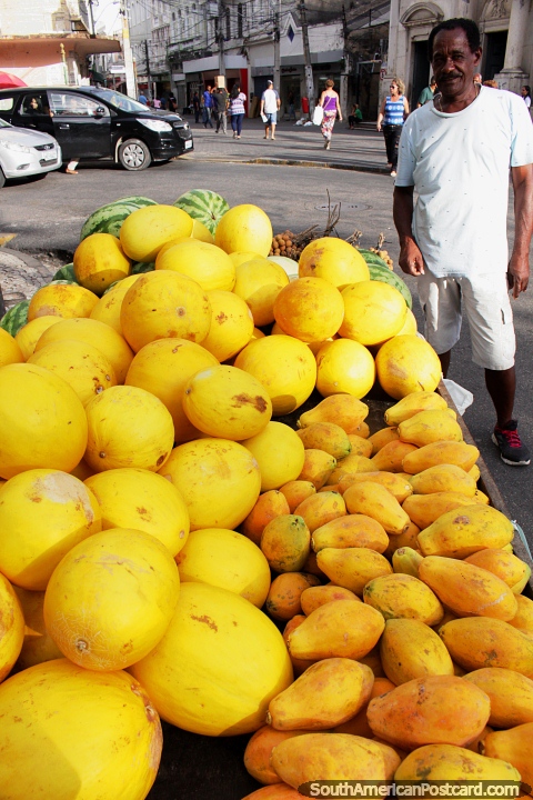 Big yellow melons and mango selling on the streets of Recife. (480x720px). Brazil, South America.