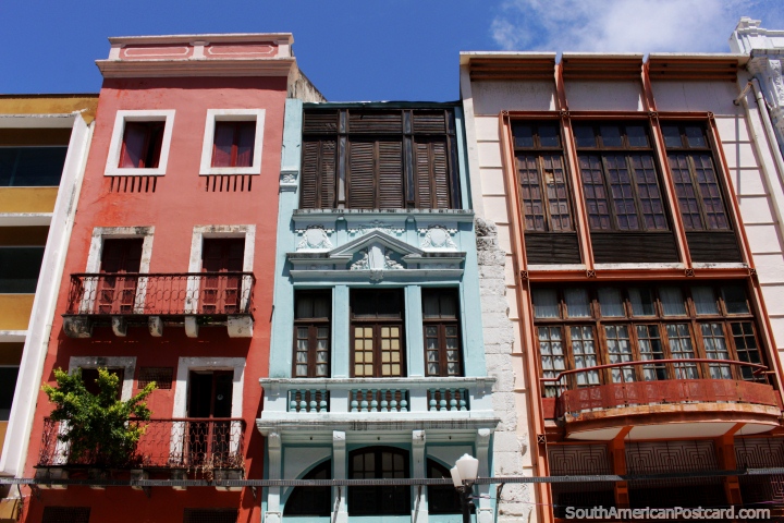 Colorful, tall and skinny houses along Rua Bom Jesus in Recife. (720x480px). Brazil, South America.