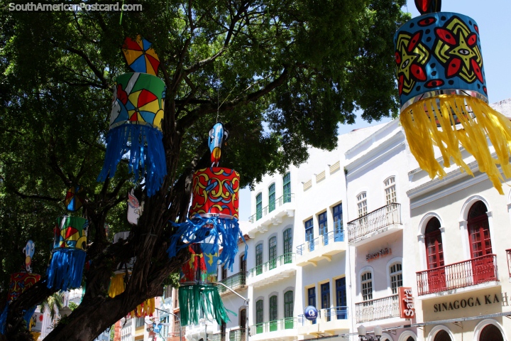 Tree lanterns and the Kahal Zur Israel Synagogue in the bottom right corner, Recife. (720x480px). Brazil, South America.