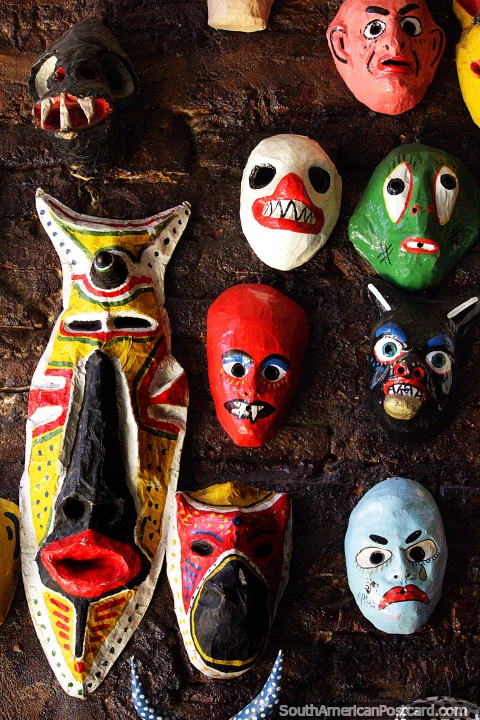 Scary face masks on display at Teatro Mamulengo in Recife. (480x720px). Brazil, South America.