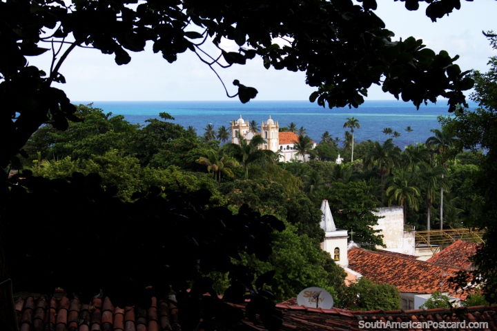Bela visão em Olinda do mar, palmeiras e igreja, tanto verde! (720x480px). Brasil, América do Sul.