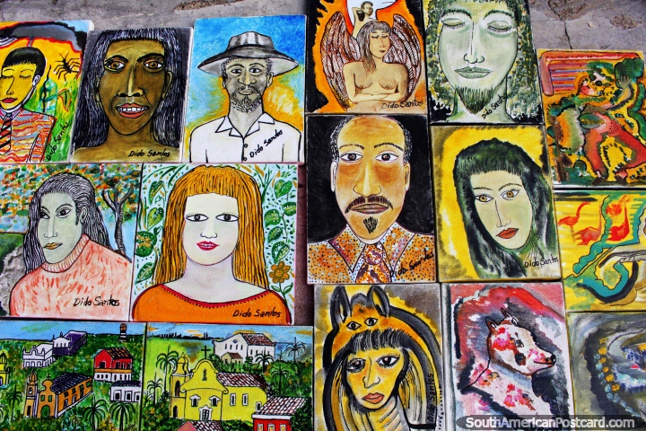 These paintings of faces are sold on the street on the hilltop in Olinda. (720x480px). Brazil, South America.