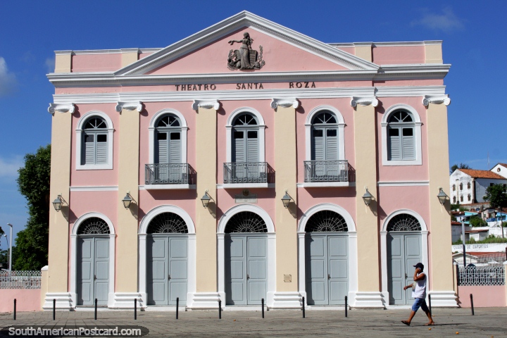 Theatre called Theatro Santa Roza painted pink with arched doors and windows in Joao Pessoa. (720x480px). Brazil, South America.