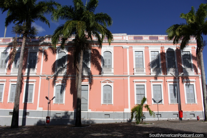 Pink building with palm trees in the historical center of Joao Pessoa at Plaza San Francisco, well-maintained. (720x480px). Brazil, South America.