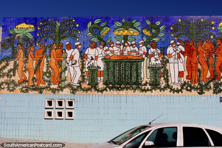 Tiled mural of an ancient medical procedure performed on an indigenous person in Joao Pessoa. (720x480px). Brazil, South America.