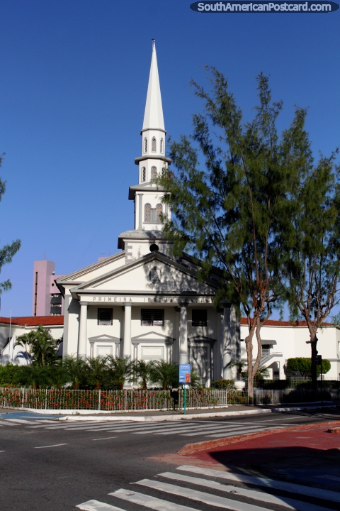 Church Igreja Batista, single steeple, columns and gardens, Joao Pessoa. (480x720px). Brazil, South America.