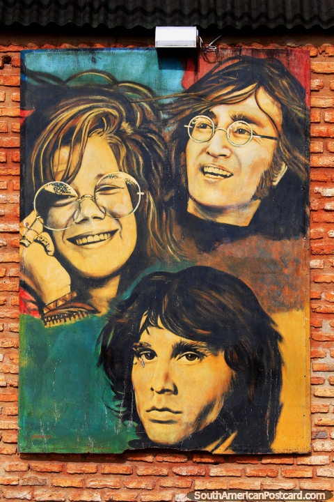 Janis Joplin, John Lennon and Jim Morrison, a mural in Pipa. (480x720px). Brazil, South America.