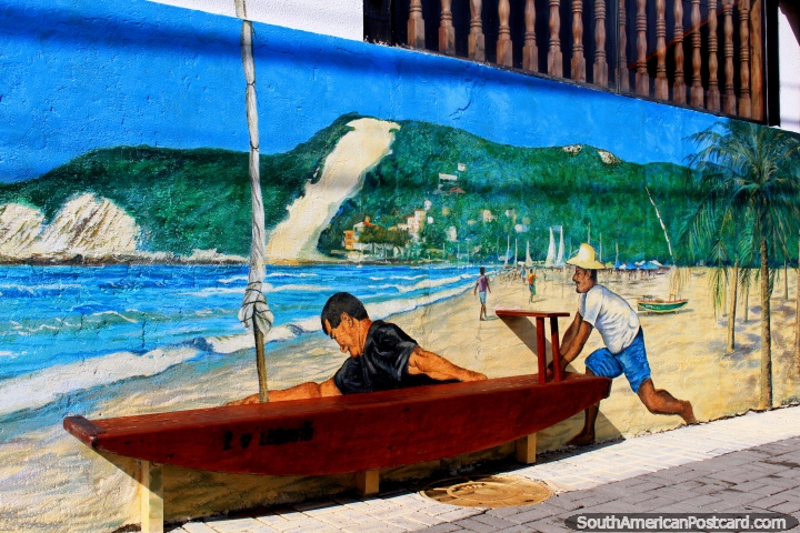 Mural de Ponta Negra y Morro do Careca, 2 hombres empujan un barco (asiento) hacia el mar. (720x480px). Brasil, Sudamerica.
