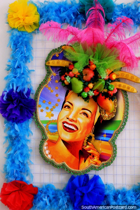 Carmen Miranda (1909-1955), samba singer and dancer, colorful memorial in Sao Luis. (480x720px). Brazil, South America.