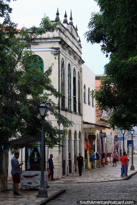 Shops around Plaza Nauro Machado, the area becomes the local nightspot in Sao Luis historic center. (480x720px). Brazil, South America.