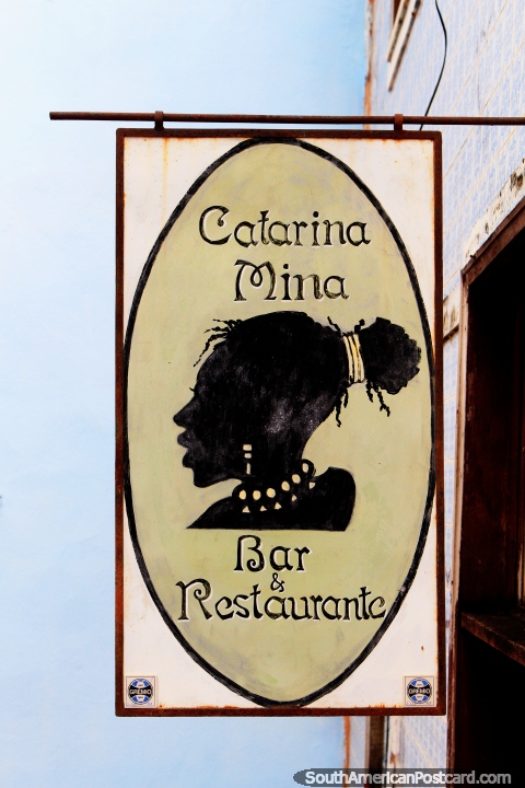 Catarina Mina Bar and Restaurant, nice sign outside, Sao Luis historic center. (480x720px). Brazil, South America.