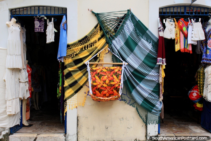 Children's and women's clothing and hammocks for sale in Sao Luis. (720x480px). Brazil, South America.