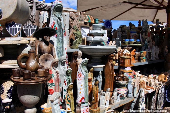 Arts and crafts made of soapstone and ceramic at the open crafts market in Ouro Preto. (720x480px). Brazil, South America.