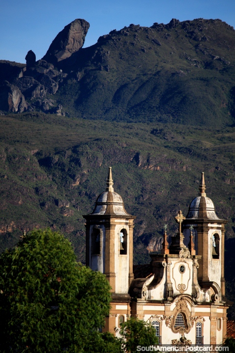Gigantic rock - the peak of Itacolomy and church towers in Ouro Preto, spectacular! (480x720px). Brazil, South America.