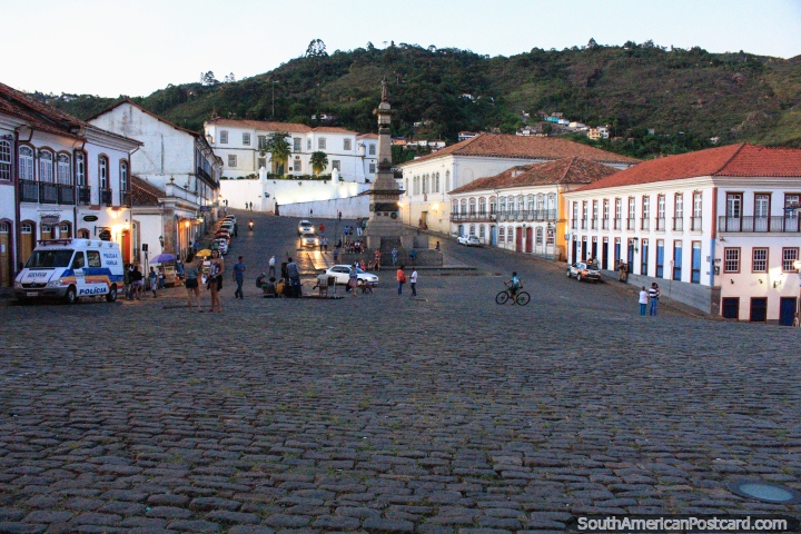 Plaza Tiradentes with the Science Museum top center and Colonial houses around, Ouro Preto. (720x480px). Brazil, South America.