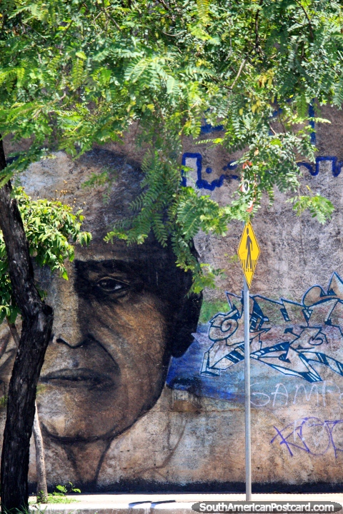 Um homem sinistro com olhos escuros, arte de rua nos arrabaldes de Belo Horizonte. (480x720px). Brasil, América do Sul.