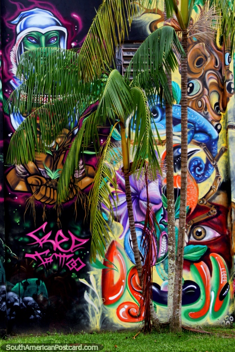 Ojos y aliengenas, una colorida muralla de arte callejero en Rio Branco. (480x720px). Brasil, Sudamerica.