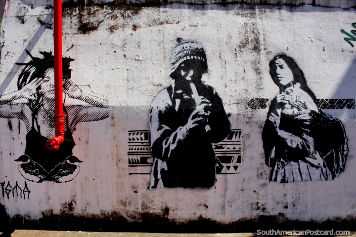 Man plays flute, 2 women older and younger, street art in Rio Branco. (720x480px). Brazil, South America.