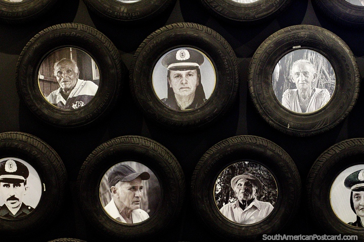 Euzkadi tires with black and white photos of rubber tappers inside, rubber museum, Rio Branco. (720x480px). Brazil, South America.