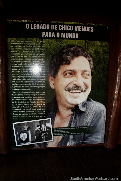 Crio de borracha brasileiro assassinado e o ambientalista Chico Mendes (1944-1988) no seu parque em Rio Branco. (480x720px). Brasil, Amrica do Sul.