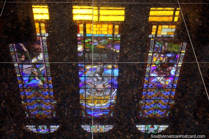 Stained glass windows of Matriz Church in Porto Velho, reflections. (720x480px). Brazil, South America.