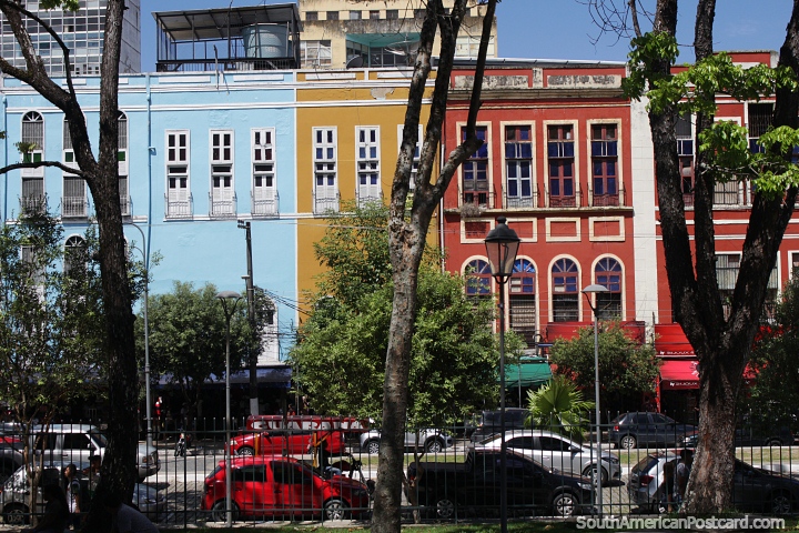 An eye catching row of colored buildings in downtown Manaus. (720x480px). Brazil, South America.