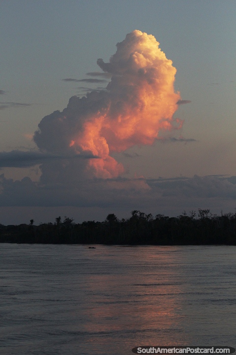 A huge cloud illuminated by the light of the forthcoming Amazon sunset on the river. (480x720px). Brazil, South America.