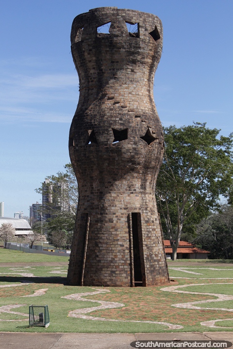 Tall ancient brick tower at Nacoes Indigenas Park in Campo Grande. (480x720px). Brazil, South America.