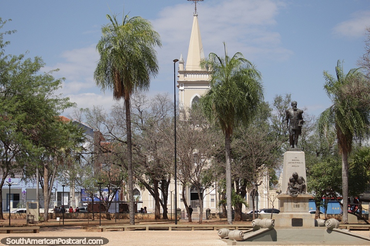 Independence Park with church, monument and palm trees in Corumba. (720x480px). Brazil, South America.