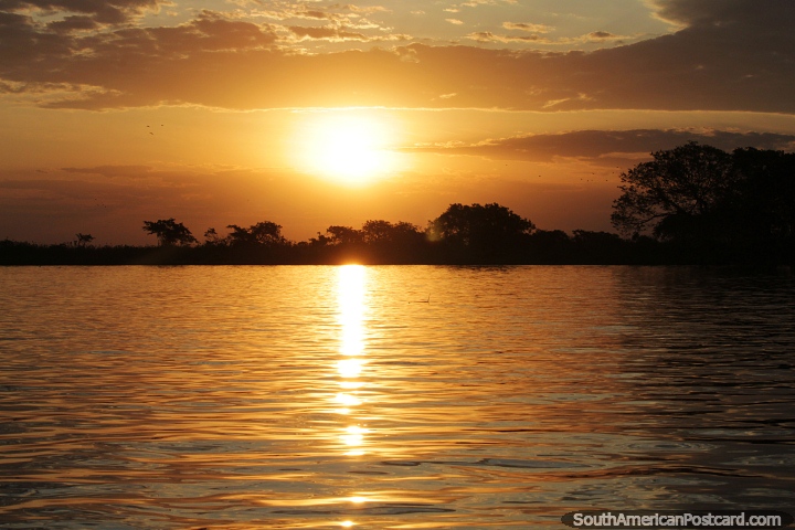 Golden orange sunset over the Paraguay River in the Pantanal, Corumba. (720x480px). Brazil, South America.