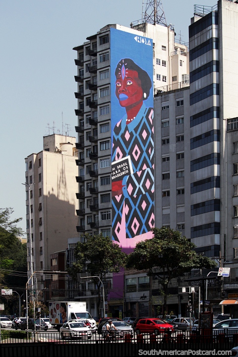 Huge mural of a woman on a building side in Sao Paulo. (480x720px). Brazil, South America.